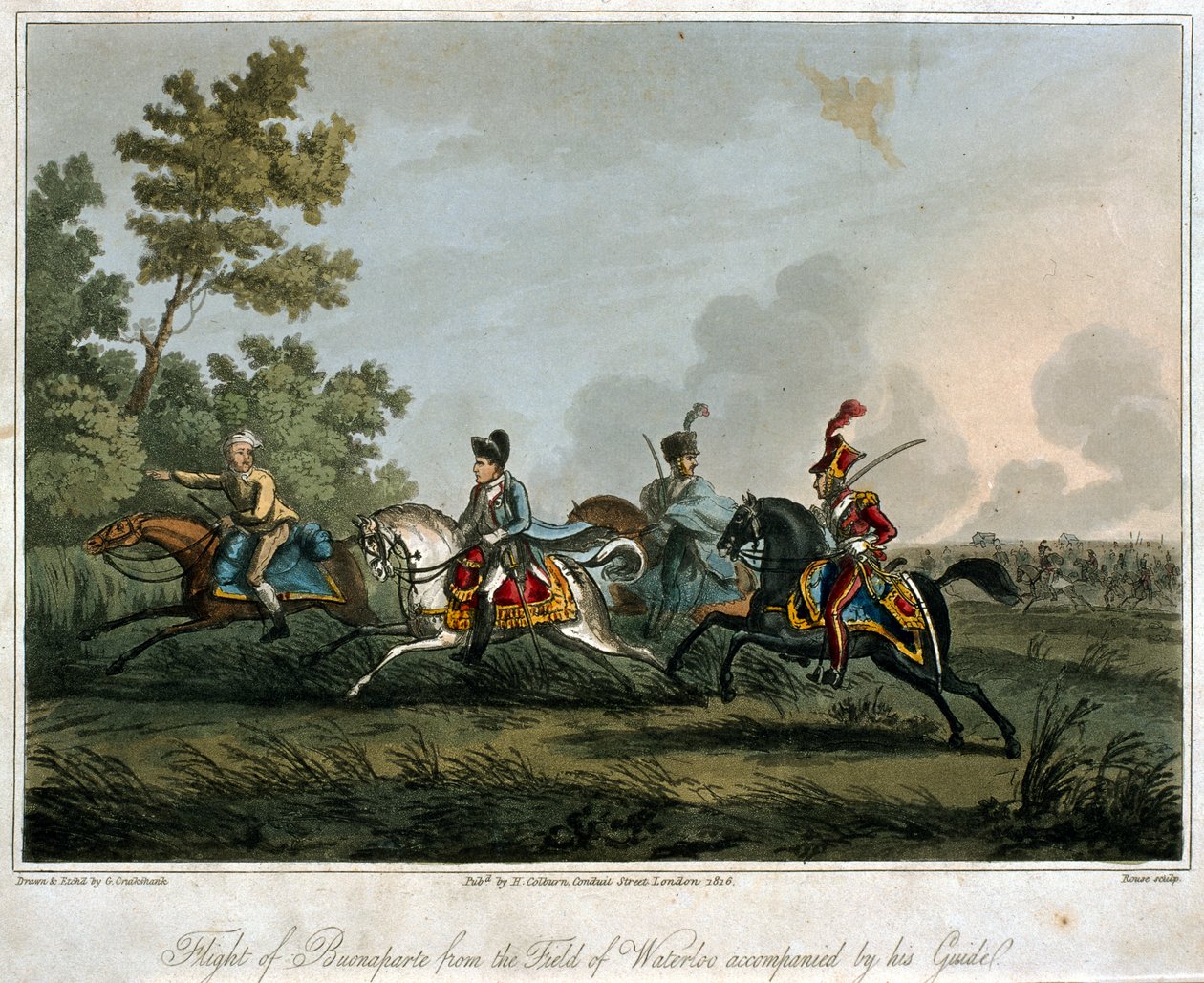 O vôo de Bonaparte (1769-1821) do campo de Waterloo em 1815, 1817 (aquatint) de English School