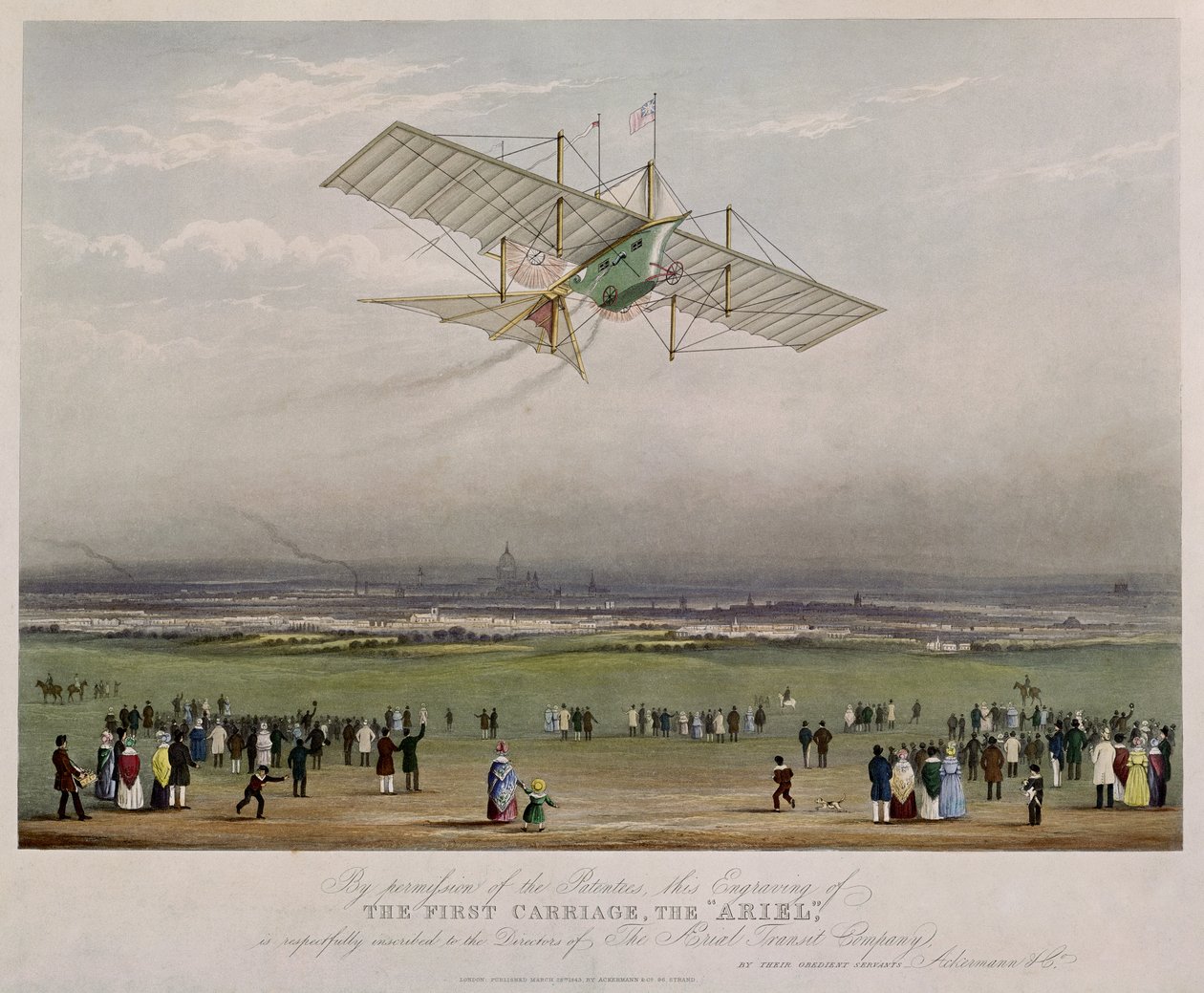 A Máquina Voadora, a Ariel, a partir de projetos preparados por WS Henson em 1842, publicados pela Ackermann & Co., 1843 de English School