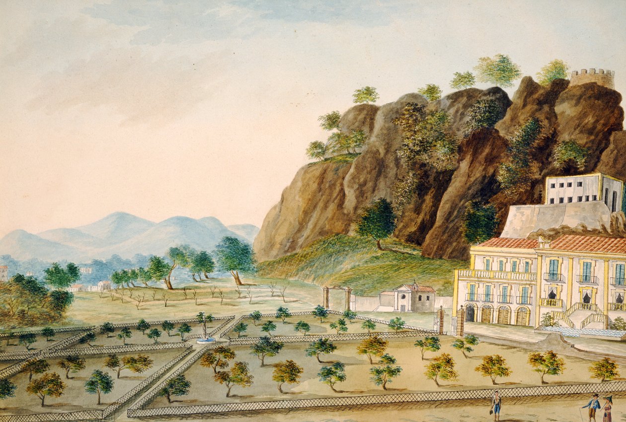O Jardim Formal em La Favorita ou Palazzo Cinese, Palermo, projetado para o rei Fernando IV, c.1815 (wc no papel) de English School