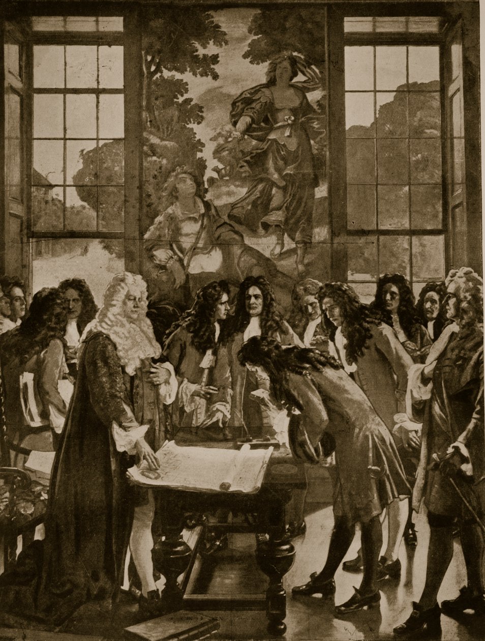 A Fundação do Banco da Inglaterra, 1694, ilustração de Hutchinsons História da Nação Britânica, c.1923 de English School