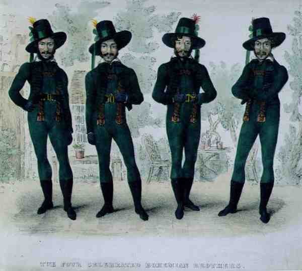 Os Quatro Irmãos Boémios Celebrados, c.1827 (cor litho) de English School