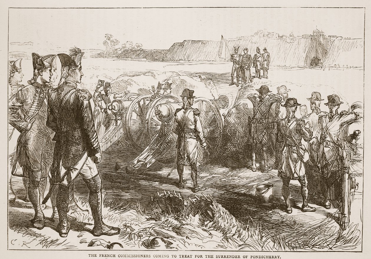 Os comissários franceses que vêm tratar para a rendição de Pondicherry, ilustração da história ilustrada de Cassells da Índia por James Grant, bar. 1879 de English School