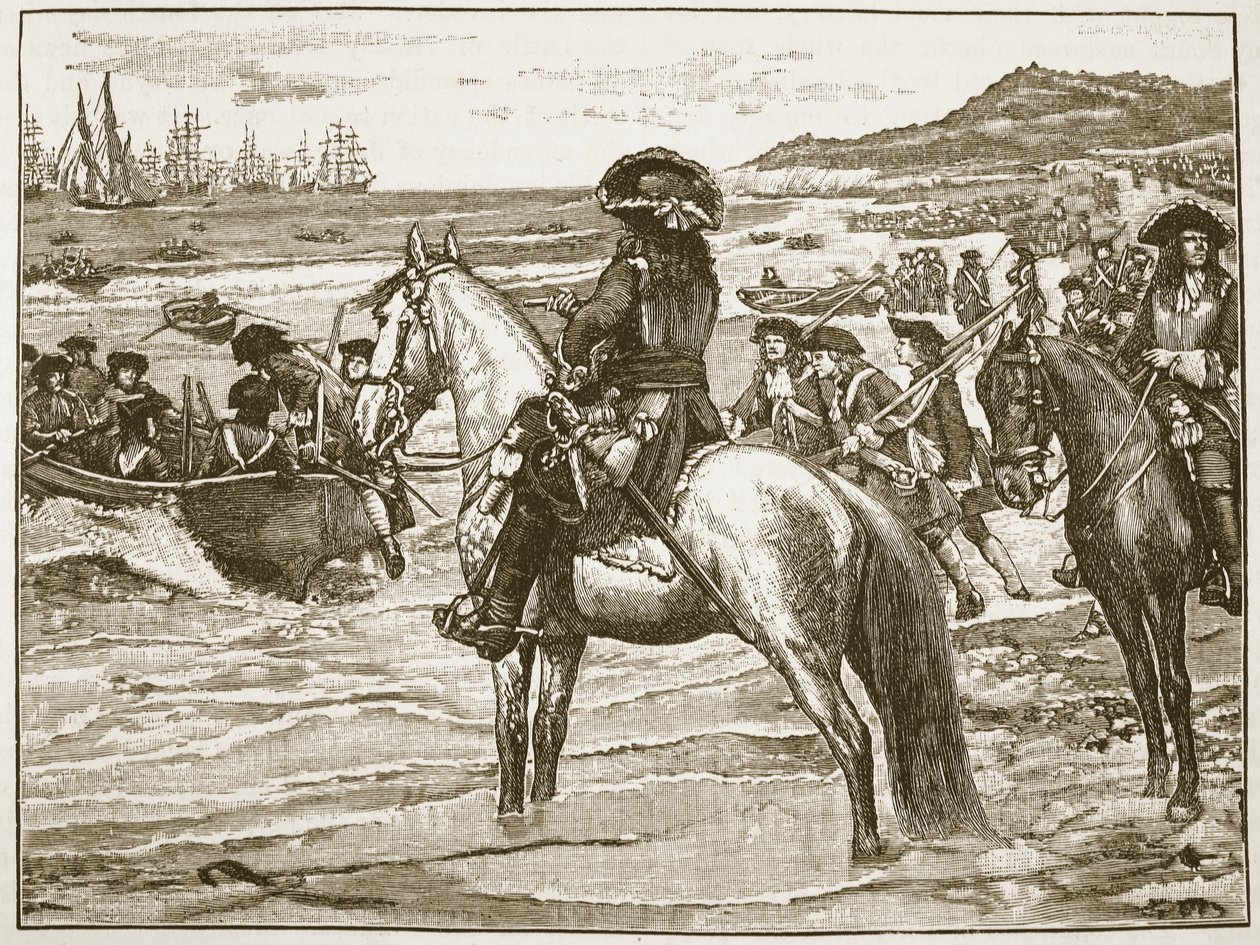 Os franceses recuando de Torbay, ilustração da história ilustrada de Cassells da Inglaterra (foto sépia) de English School