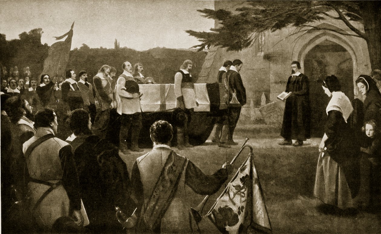 O funeral de John Hampden, 1643, ilustração de Hutchinsons História da nação britânica, c.1923 de English School