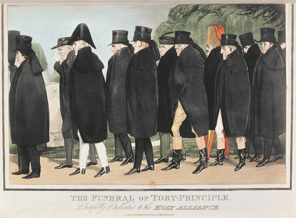 O Funeral do Princípio Tory, c. Abril de 1827 (gravura a cores) de English School