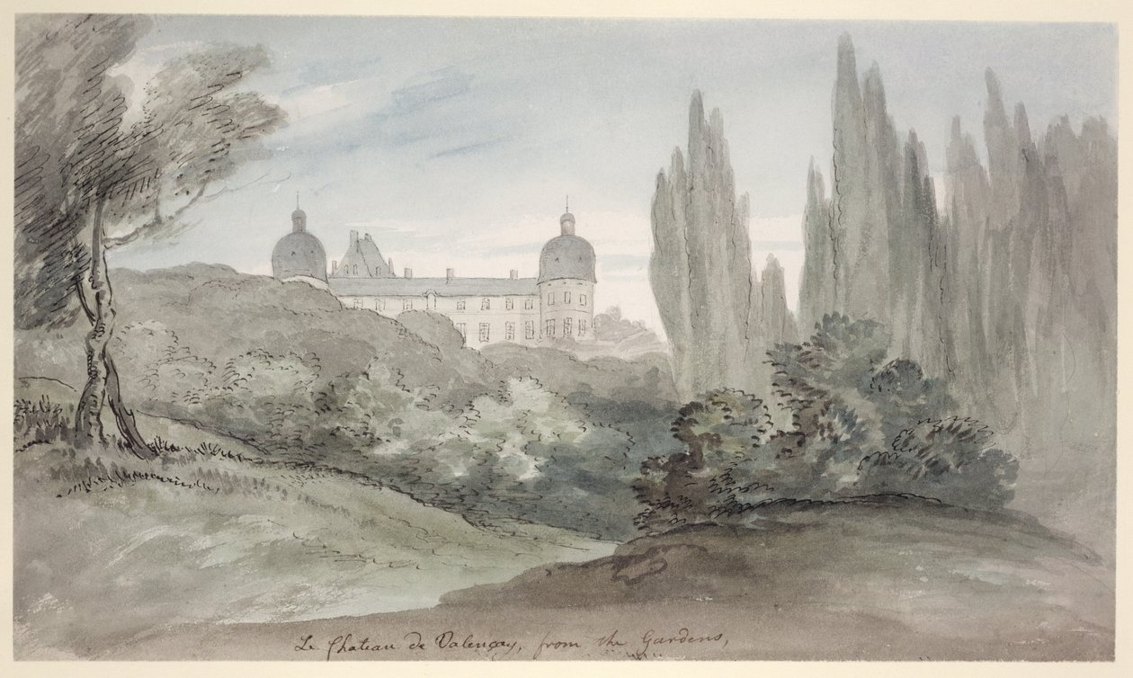 Os jardins do castelo de Valencay, c.1770 (pena & tinta e wc no papel) de English School