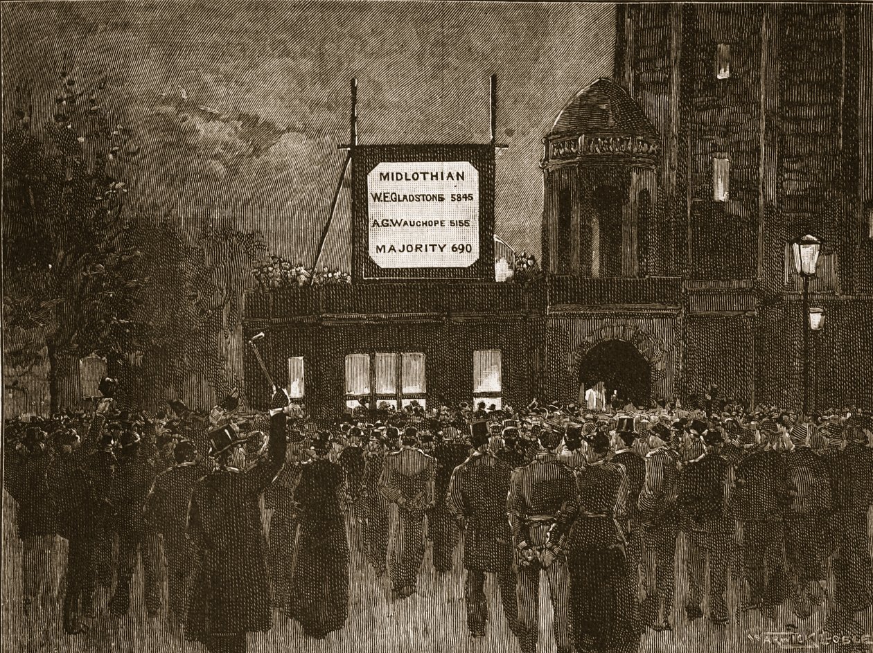 A Eleição Geral de 1892: Anunciando os resultados no National Liberal Club, ilustração de Cassells Illustrated History of England (foto em sépia) de English School