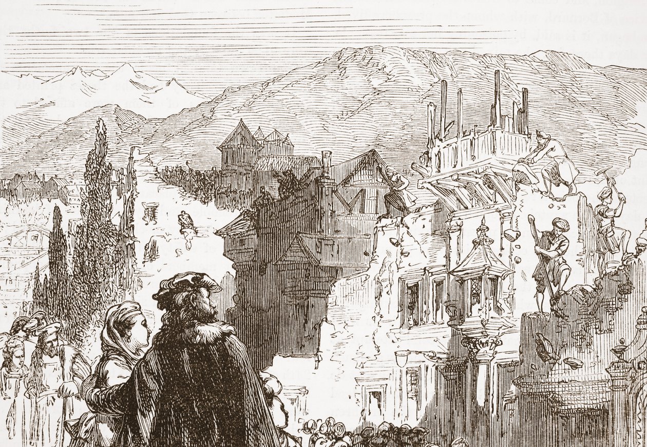 Os Genevans destruindo os subúrbios de sua cidade, ilustração da História do Protestantismo por James Aitken Wylie (1808-1890), pub. 1878 de English School