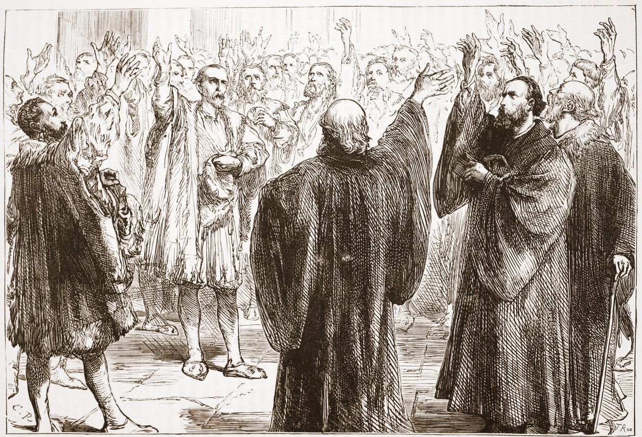 Os genebrinos juram sua renúncia ao romanismo, ilustração de A História do Protestantismo, de James Aitken Wylie (1808-1890), pub. 1878 de English School