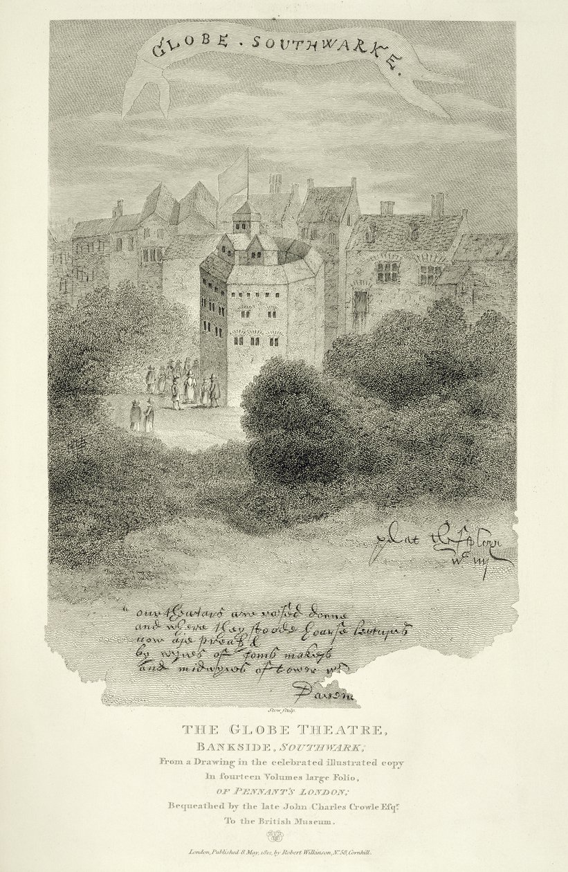 O Globe Theatre, Bankside, Southwark, depois de um desenho de Pennants London, publicado pela primeira vez em 1793, gravado por James Stow (c.1770-p.1820), publicado em 1812 de English School