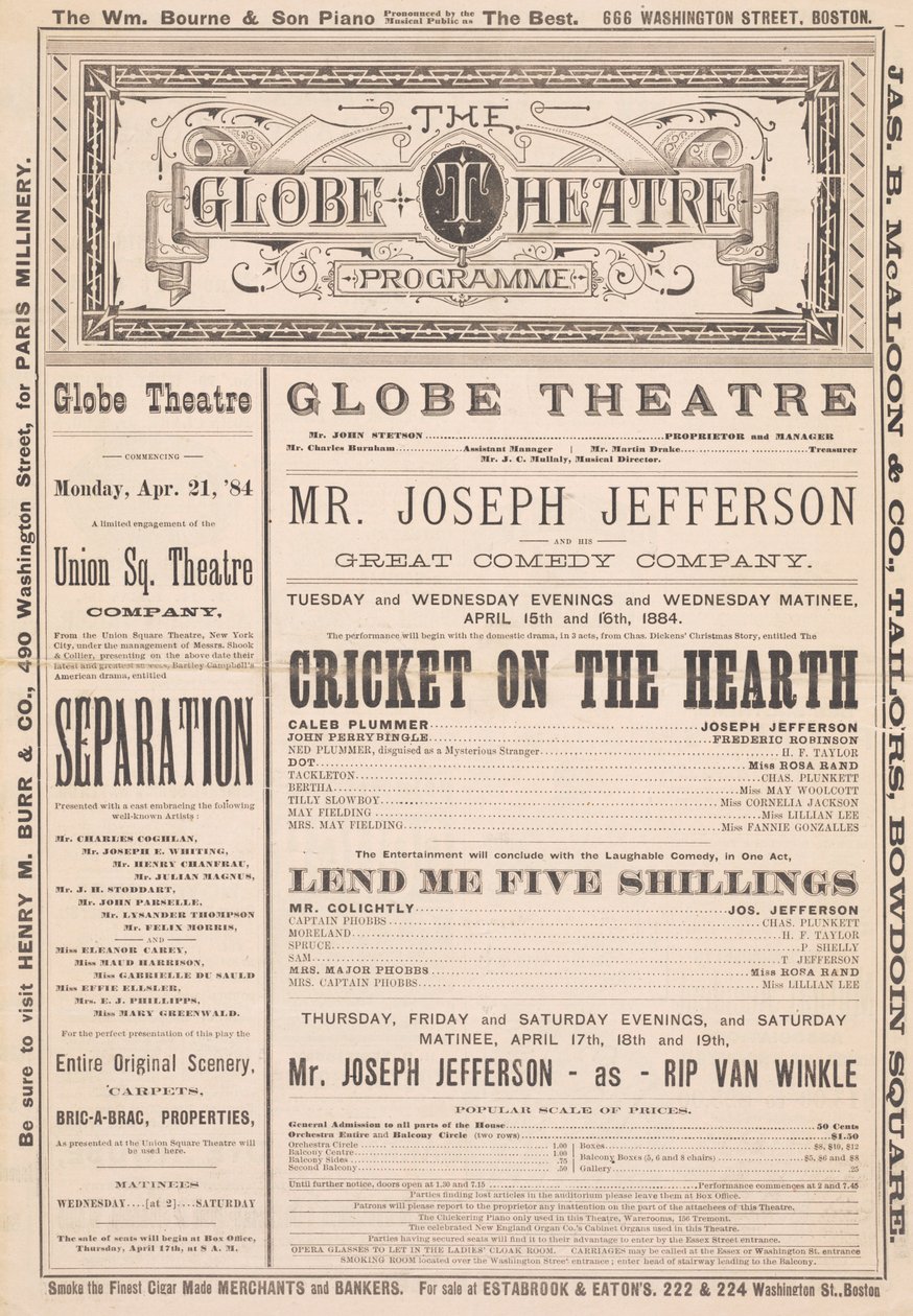 The Globe Theatre Program, 21 de abril de 1884 de English School