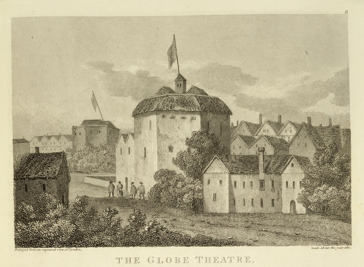 O Teatro Globe no Bankside como apareceu no reinado de James I (1566-1625), depois de uma gravura c.1612, publicada em 1810 de English School