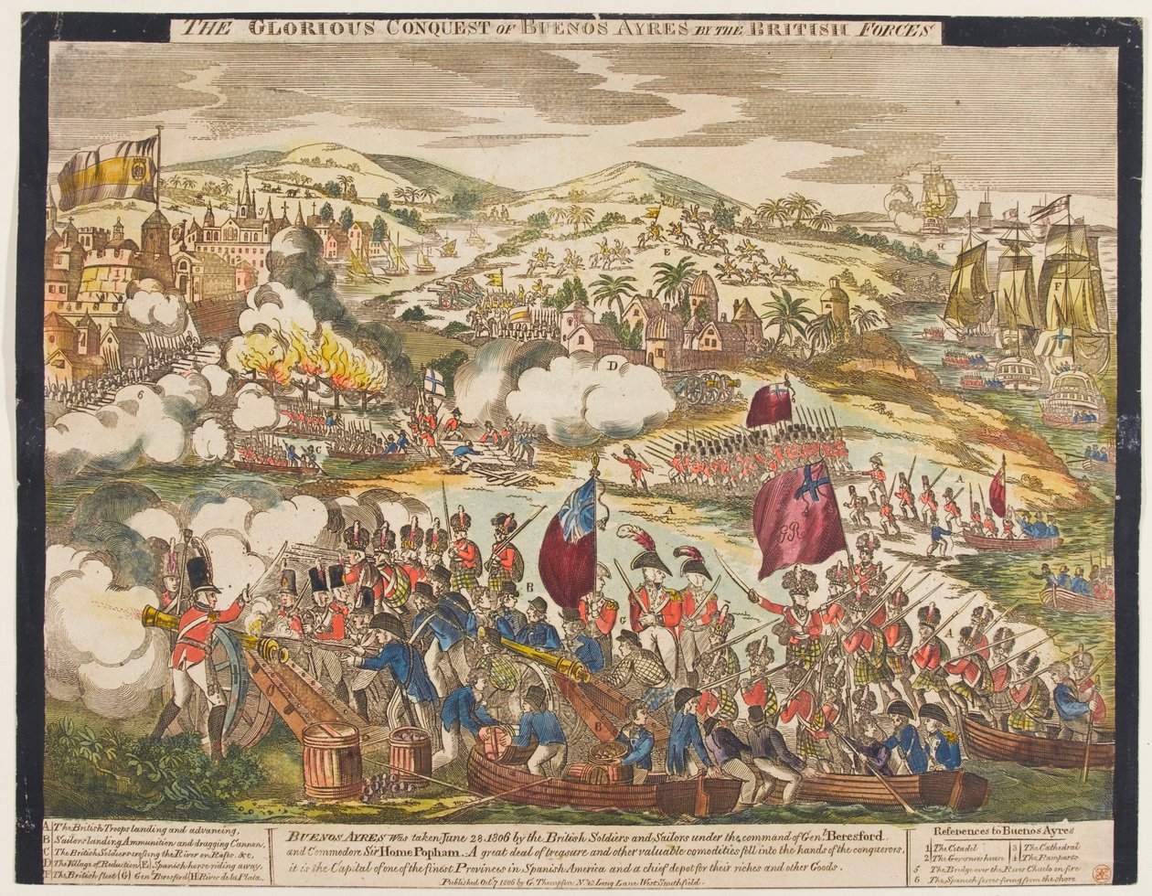 A Conquista Gloriosa de Buenos Aires pelas Forças Britânicas, 27 de junho de 1806, publicada por G. Thompson, 1806 (xilogravura colorida) de English School