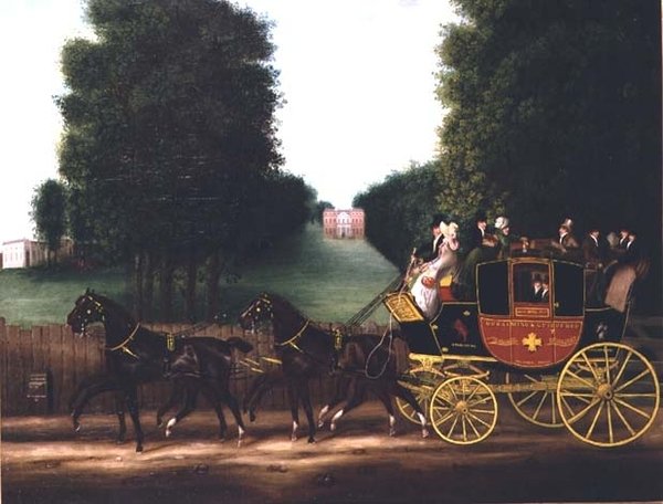A diligência Godalming e Guildford de John Kirby Jun e inscrita "licenciada para transportar seis por dentro e 12 por fora". de English School