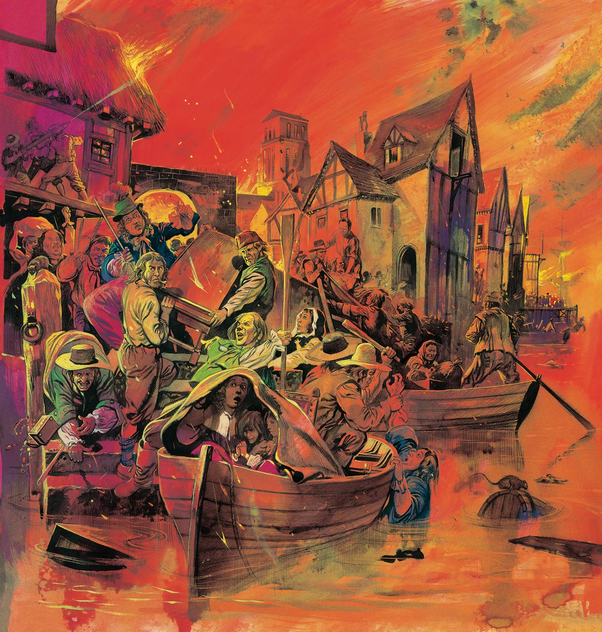O Grande Incêndio de Londres (guache sobre papel) de English School