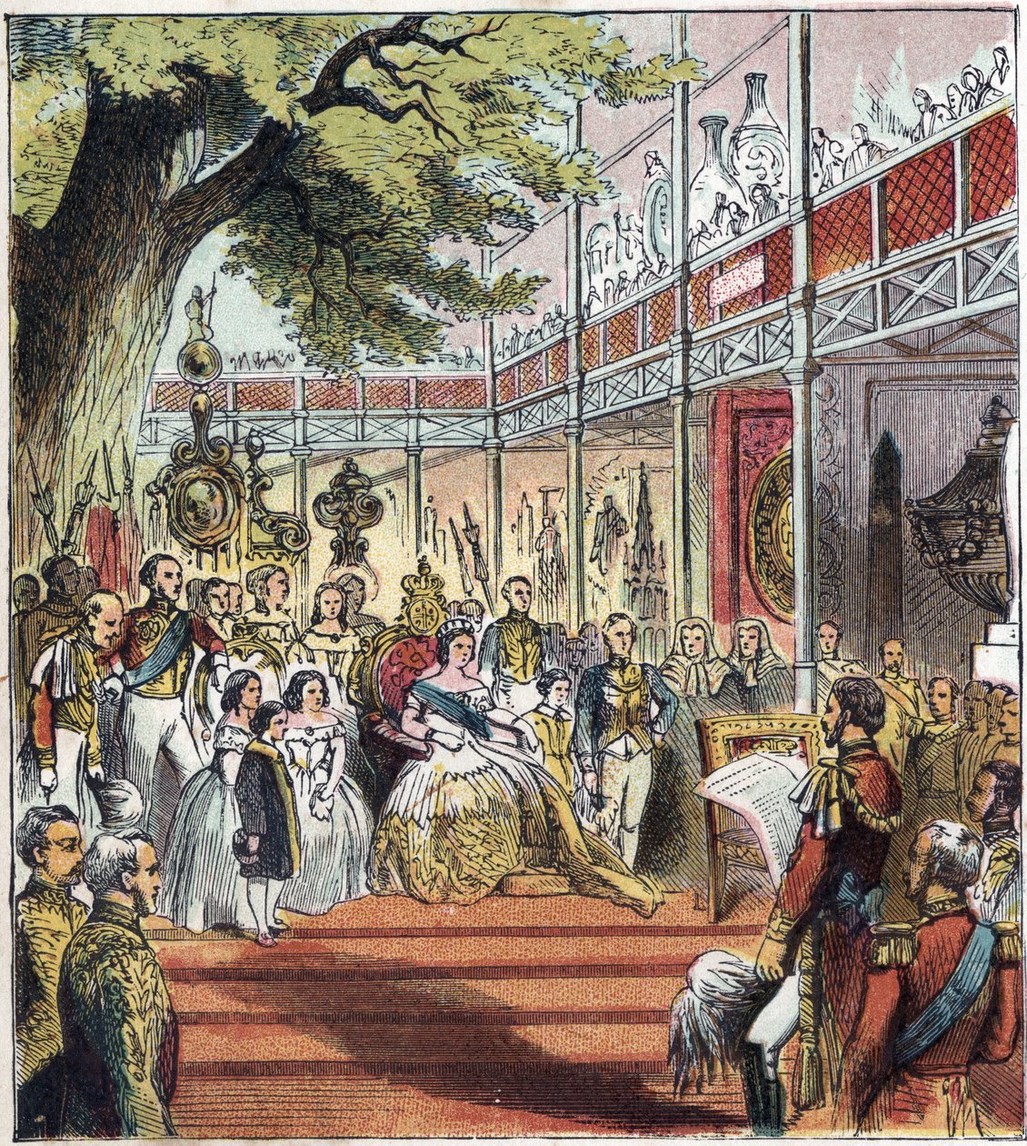 A Grande Exposição de Londres no Hyde Park, em 1851. Grande Exposição de 1851". Um palácio de vidro foi construído no Hyde Park para exibir muitas coisas de diferentes nações do mundo em 1851. de English School