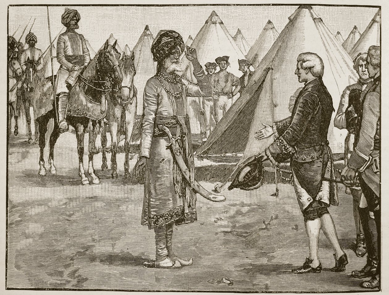 O Grande Moghul entrando no campo inglês, 1765, ilustração da História Ilustrada de Cassells da Inglaterra (foto sépia) de English School