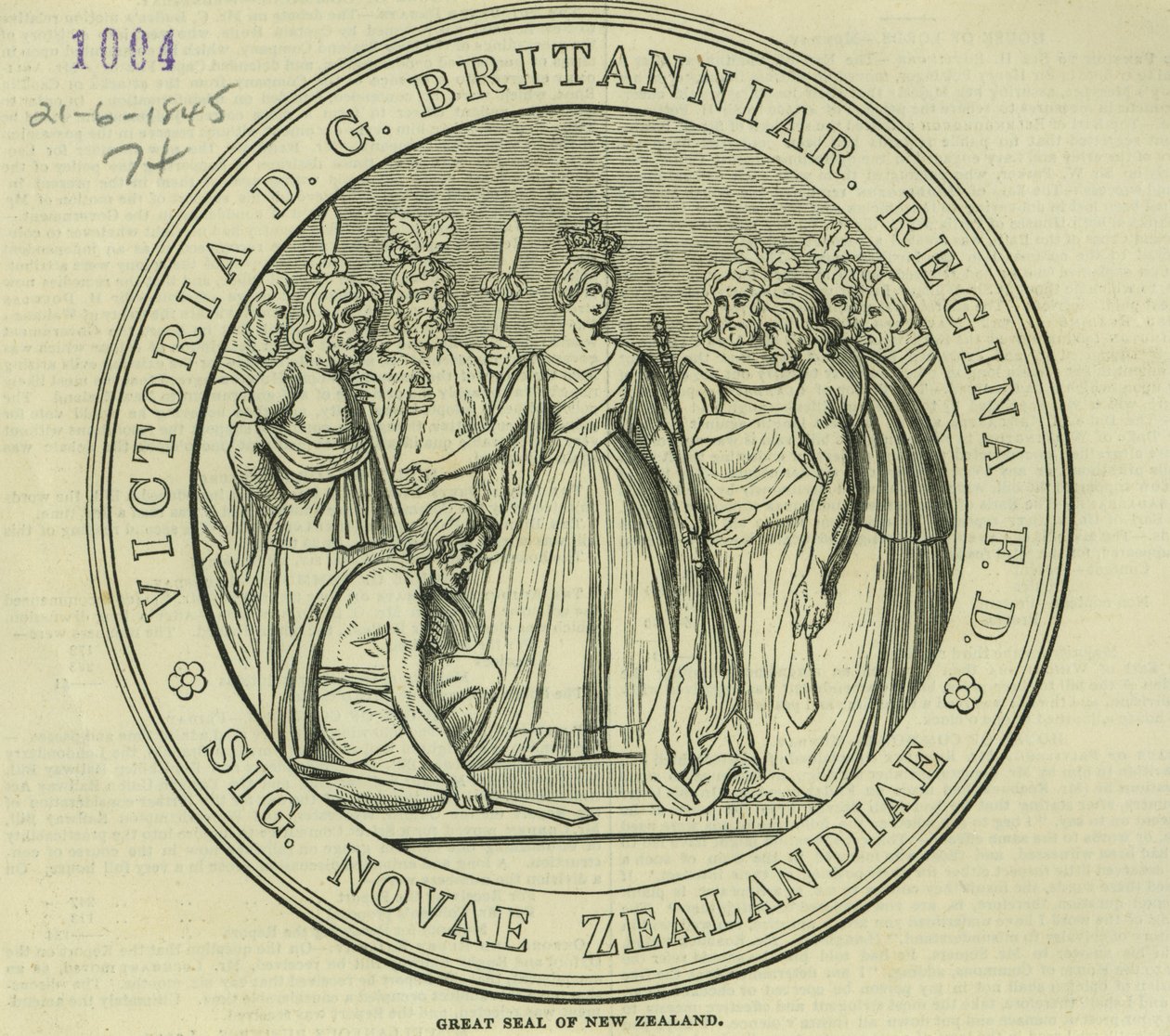 O Grande Selo da Nova Zelândia, de The Illustrated London News, 21 de junho de 1845 de English School