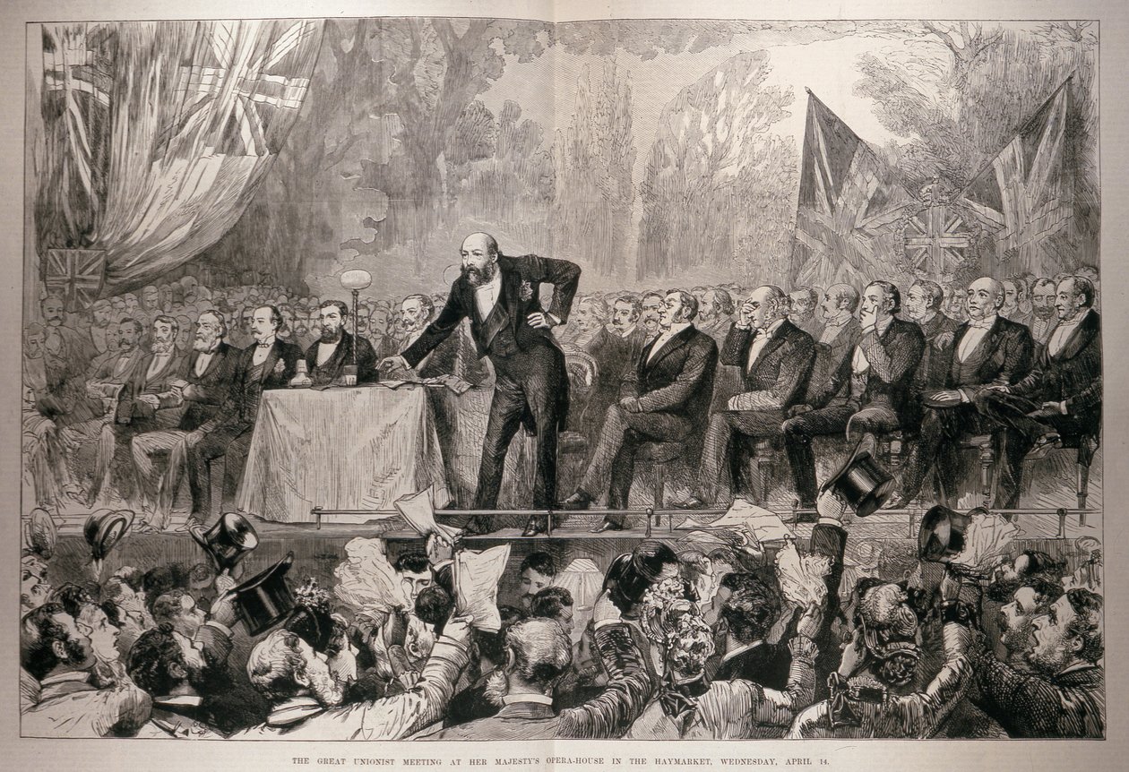 O Grande Encontro Unionista na Casa de Ópera de Sua Majestade em Haymarket, quarta-feira, 14 de abril, de "The Illustrated London News", 24 de abril de 1886 de English School