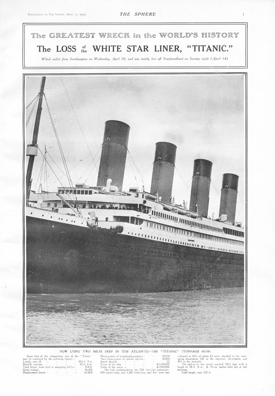 O maior naufrágio na história do mundo - a perda do White Star Liner, Titanic, da The Sphere, 20 de abril de 1912 de English School