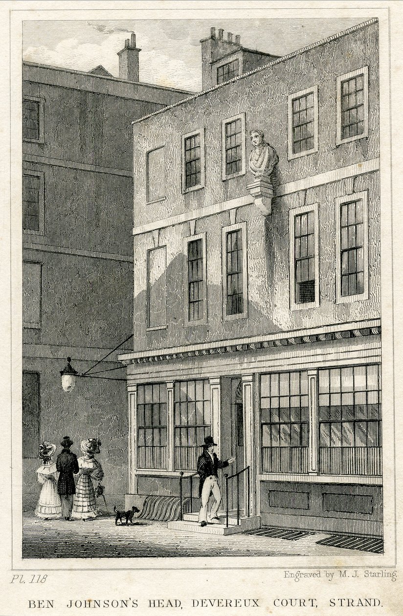 O Grecian Coffee House, Devereux Court, Strand, com um busto de Ben Johnson (gravura) de English School