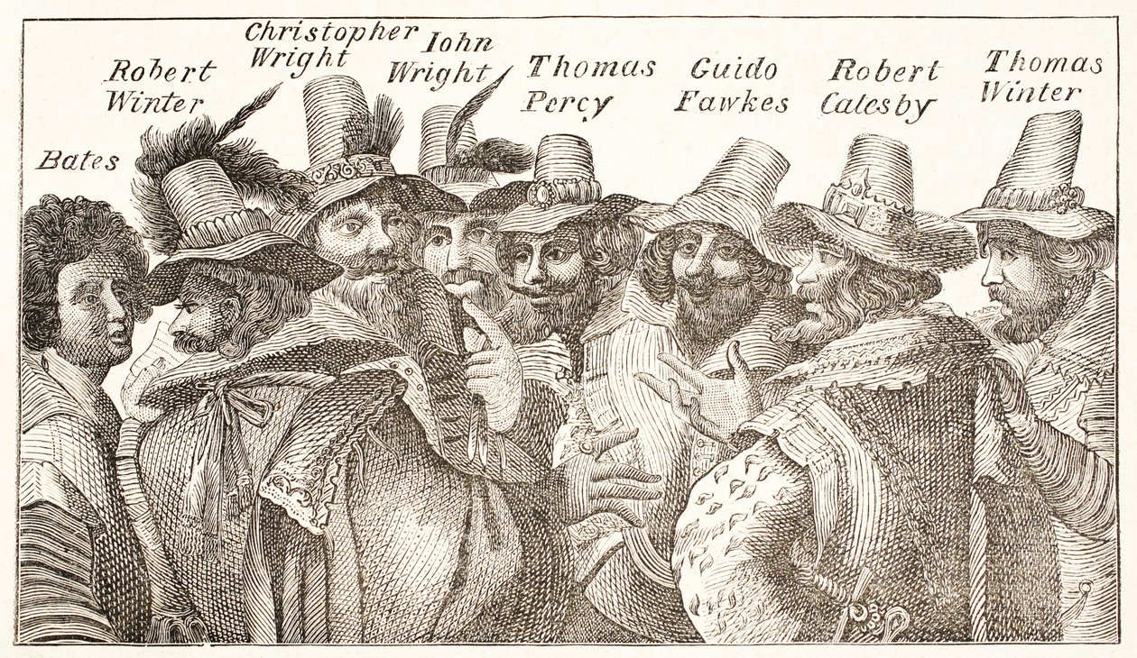 Os Conspiradores da conspiração da pólvora, após uma gravura 1606 de English School