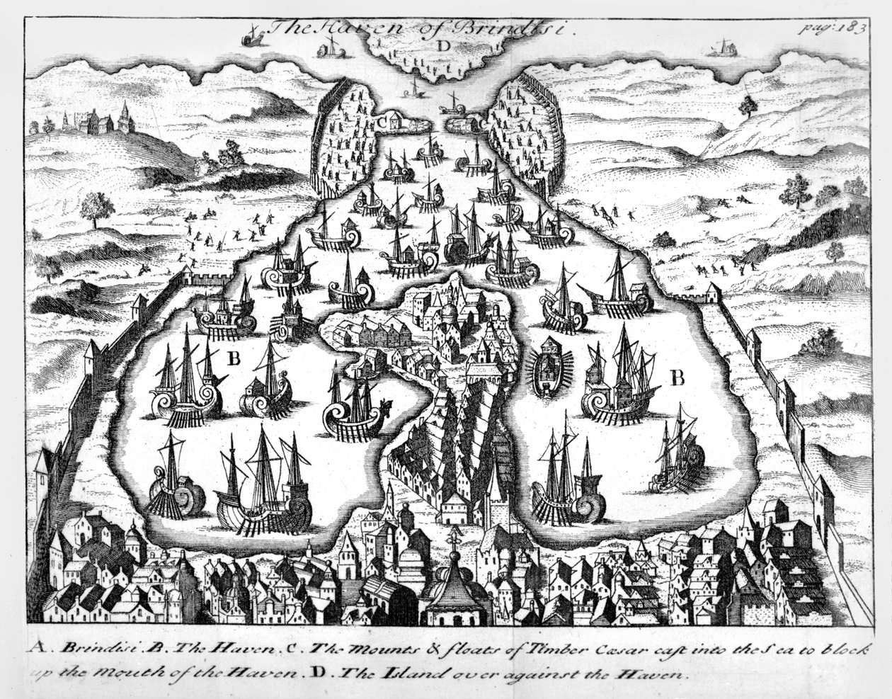 O Porto de Brindisi, ilustração dos &39;Comentários de Júlio César sobre suas guerras na Gália e a guerra civil com Pompeu&39; traduzida para o inglês por Martin Bladen, publicada em 1706 de English School