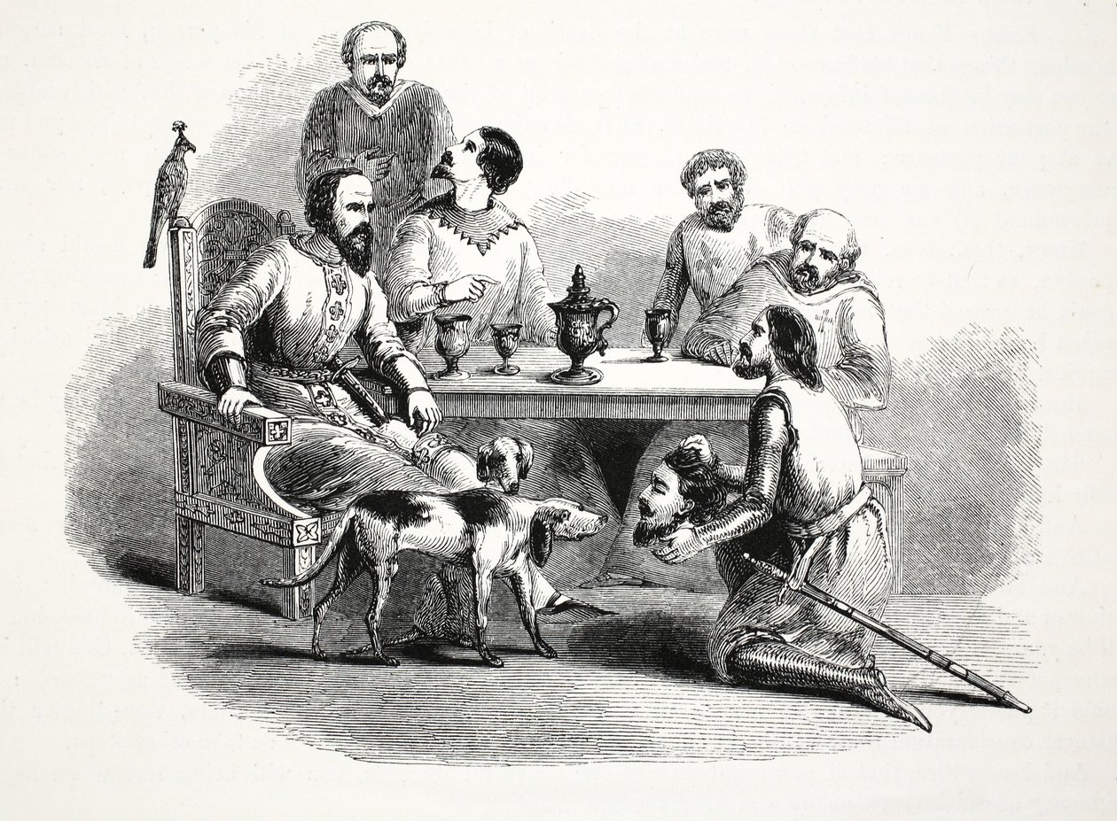 O chefe de Llewelyn trouxe para Edward no Conway Castle, pub. Século XIX (gravura em aço) de English School