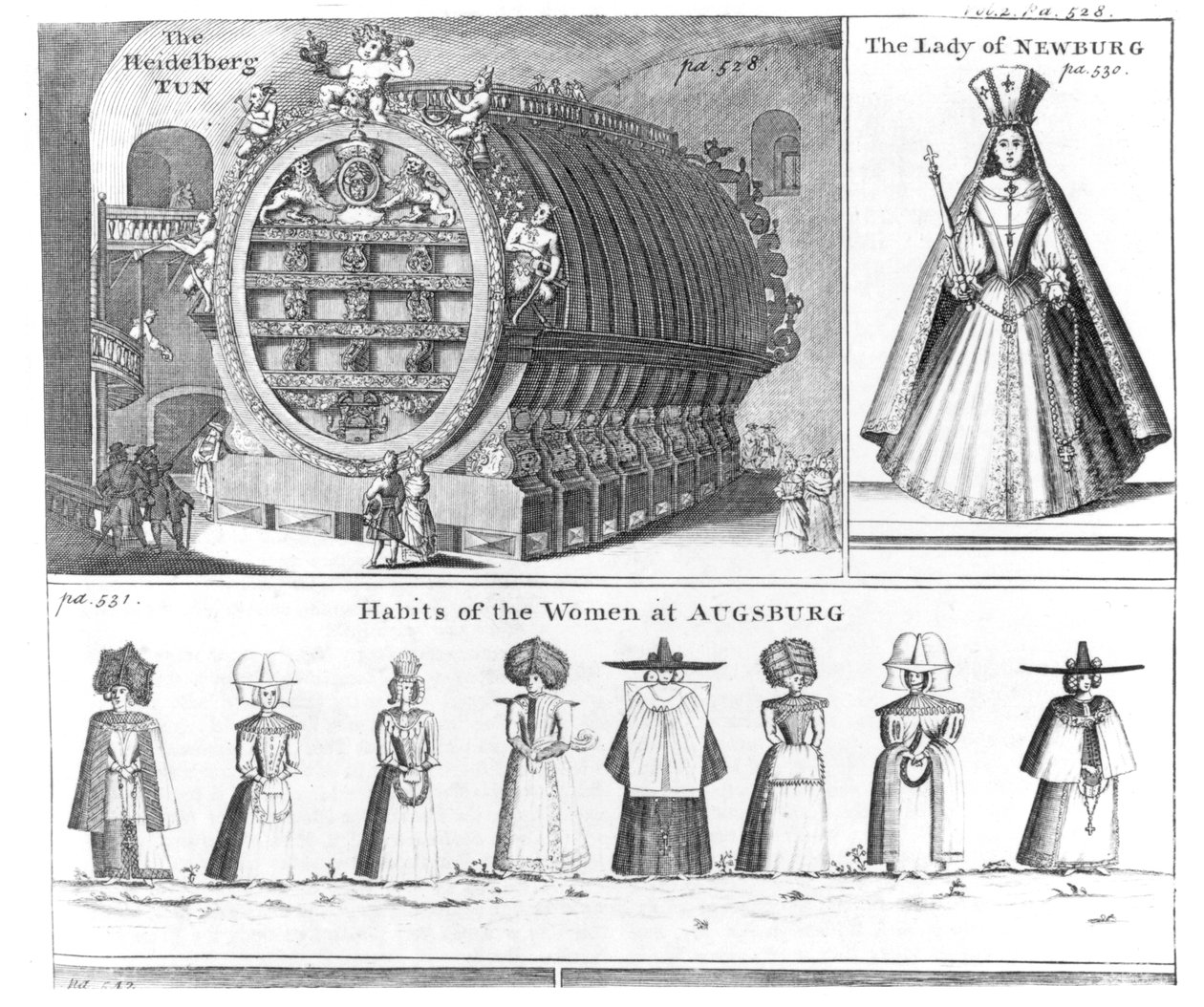 O Heidelberg Tun, A Dama de Newburg e Hábitos das Mulheres de Augsburg, da Missons Nouveau voyage dItalie publicado no Navigantium atque Itinerantium Bibliotheca de Harris, edição revisada, 174 de English School