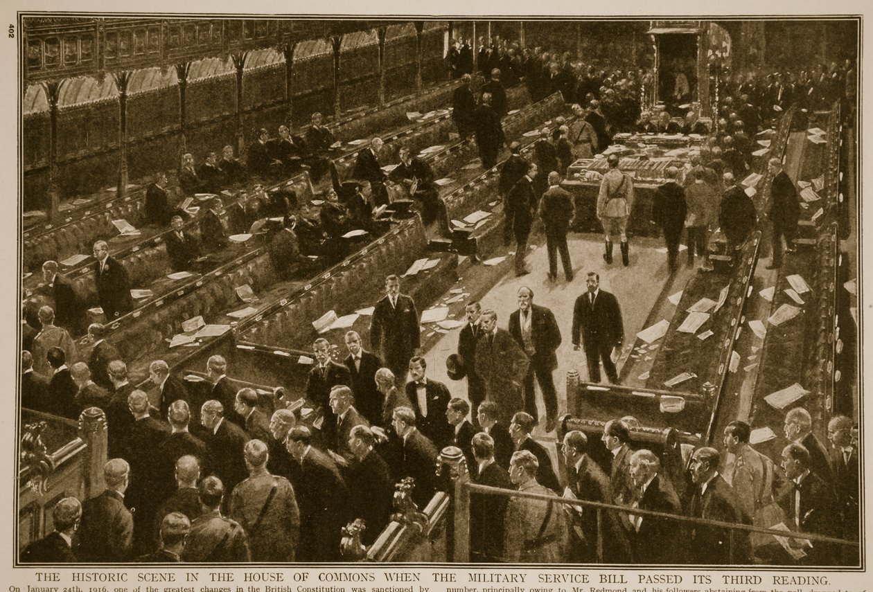 A cena histórica na Câmara dos Comuns quando o projeto de lei do Serviço Militar passou sua terceira leitura, 1914-19 de English School