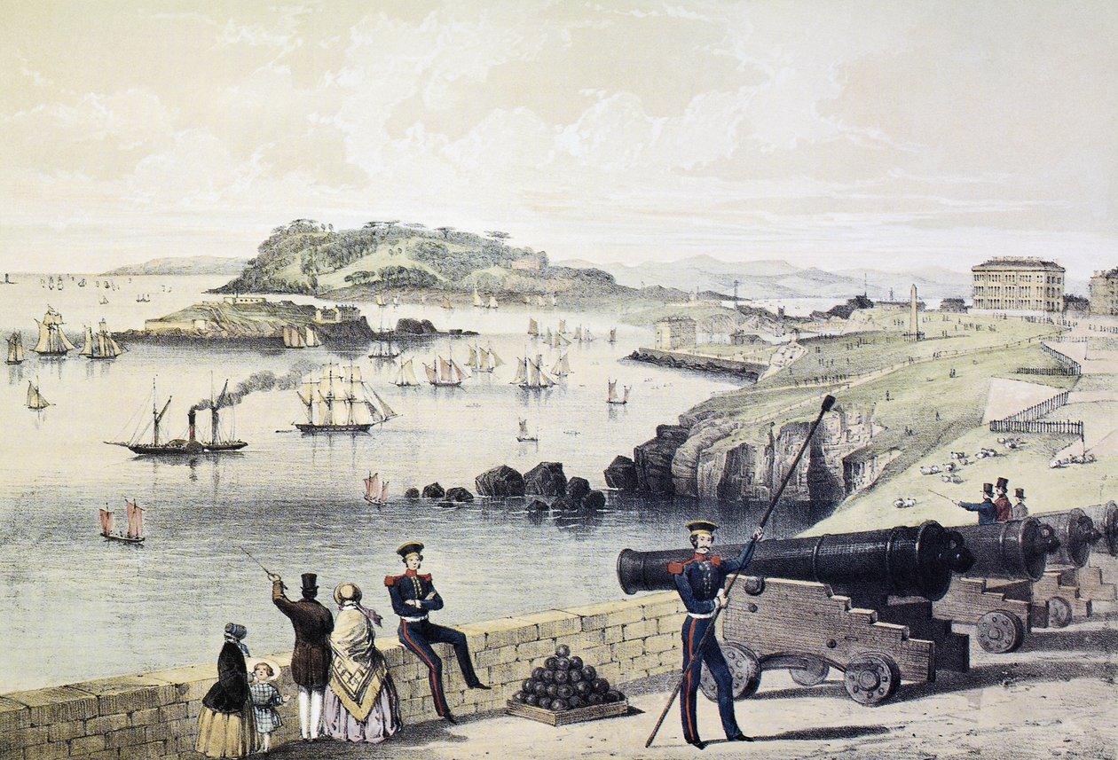 The Hoe, Drakes Island e Mt Edgecumbe da Citadel, publicado pela Newman und Co de English School