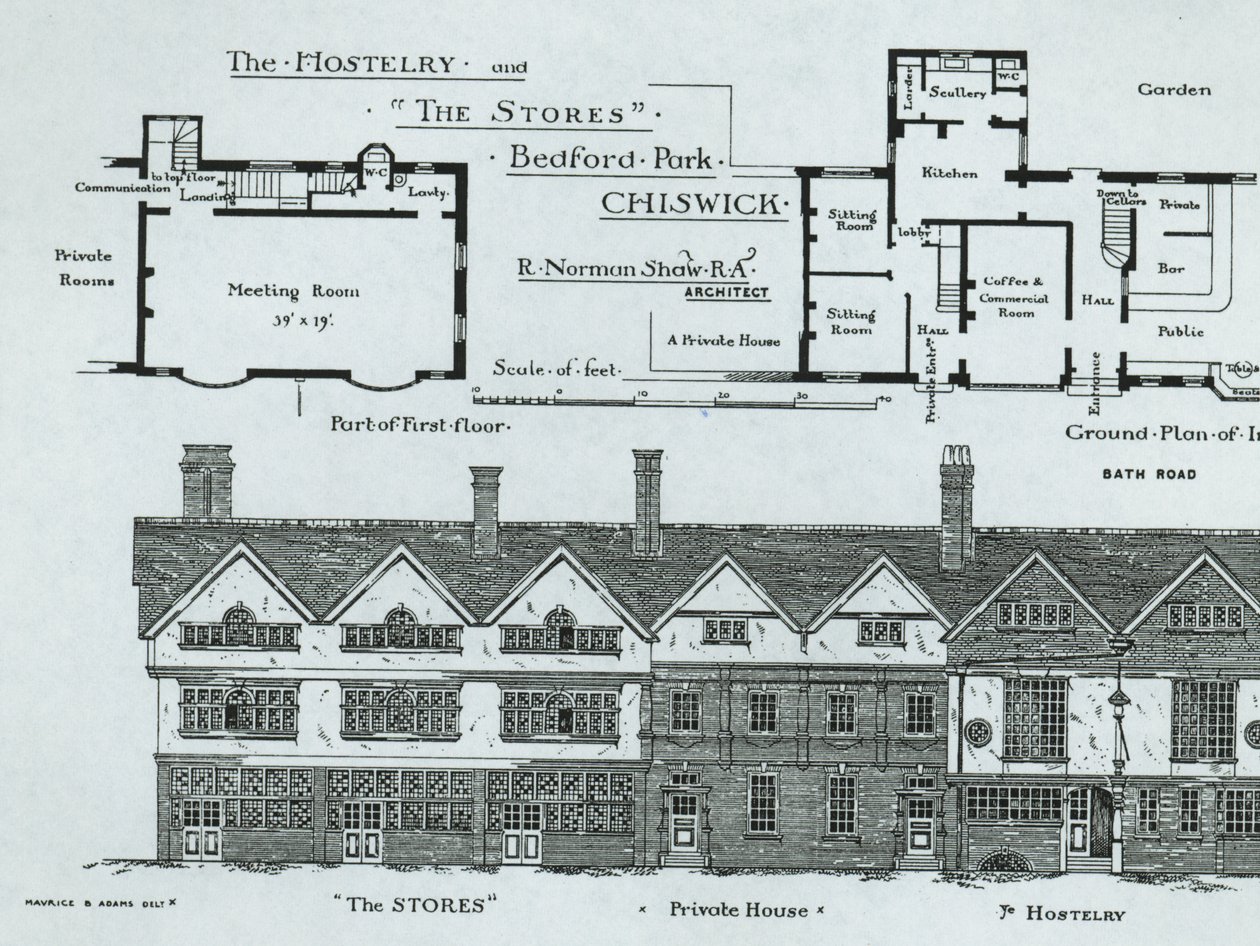 The Hostelry e as lojas, Bedford Park, Chiswick, de The Building News, 1877 de English School