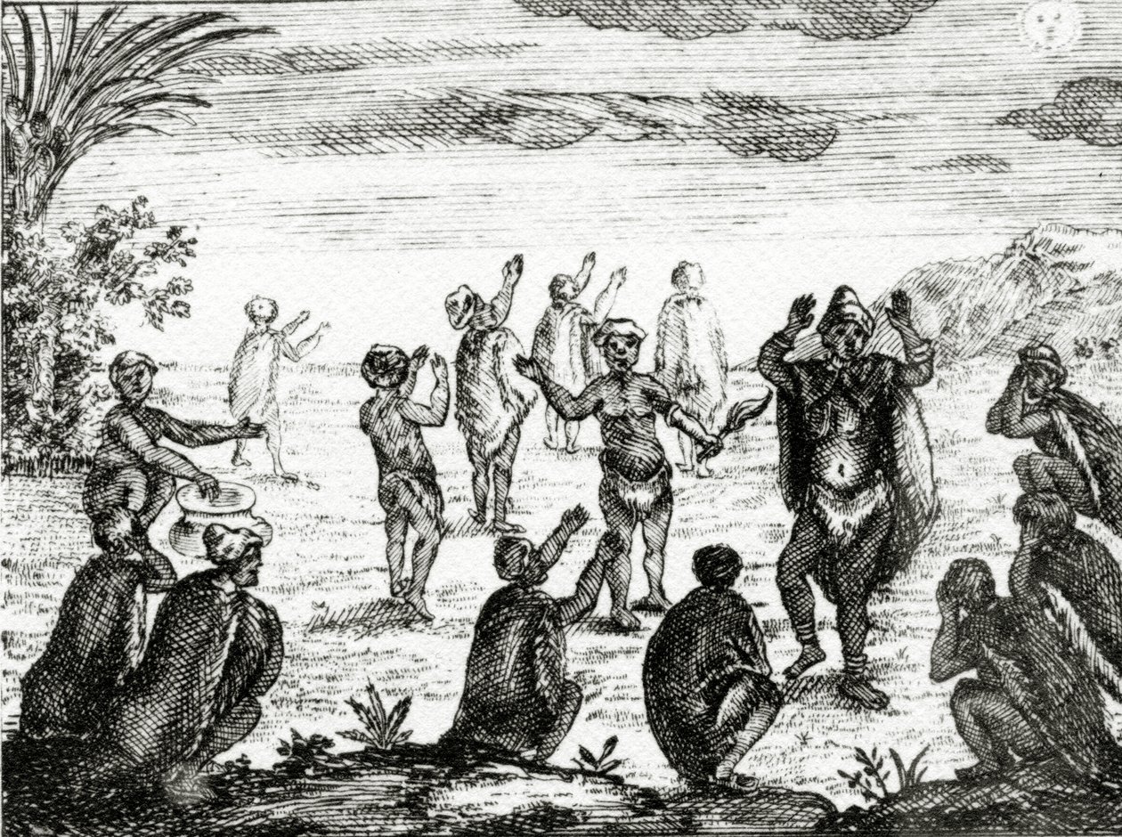 Os hotentotes Adoram a Lua, ilustração de "O Estado Atual do Cabo da Boa Esperança", de Peter Kolb, publicado em 1731 de English School