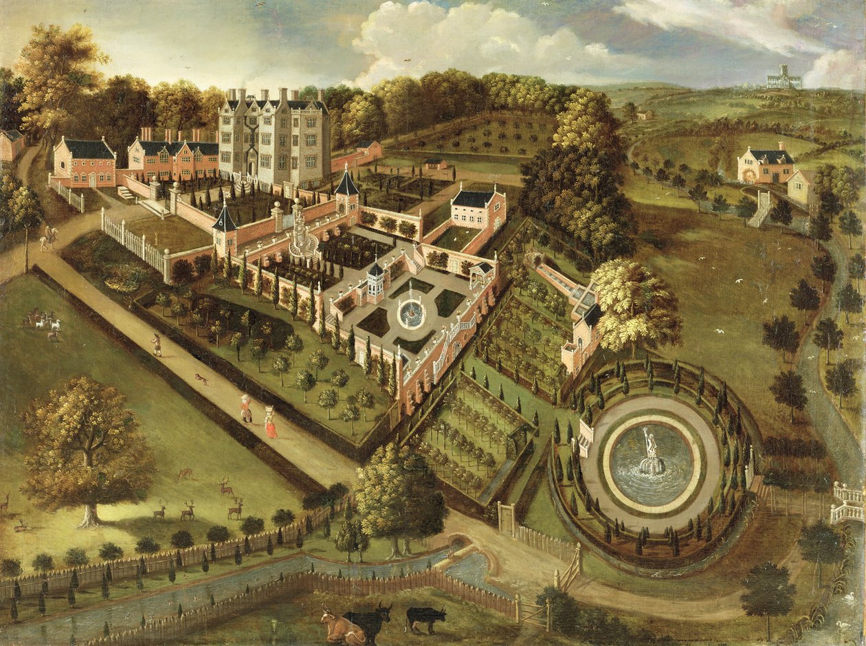 A casa e jardim de Llanerch Hall, Denbighshire, c.1662-72 de English School