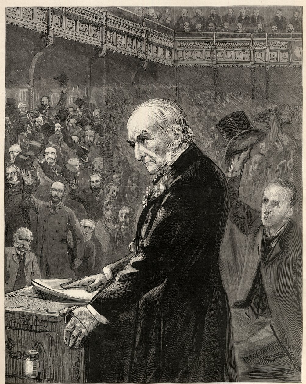 A Câmara dos Comuns, 13 de fevereiro de 1893: William Ewart Gladstone, primeiro-ministro liberal, apresenta a Segunda Lei de Estado. de English School