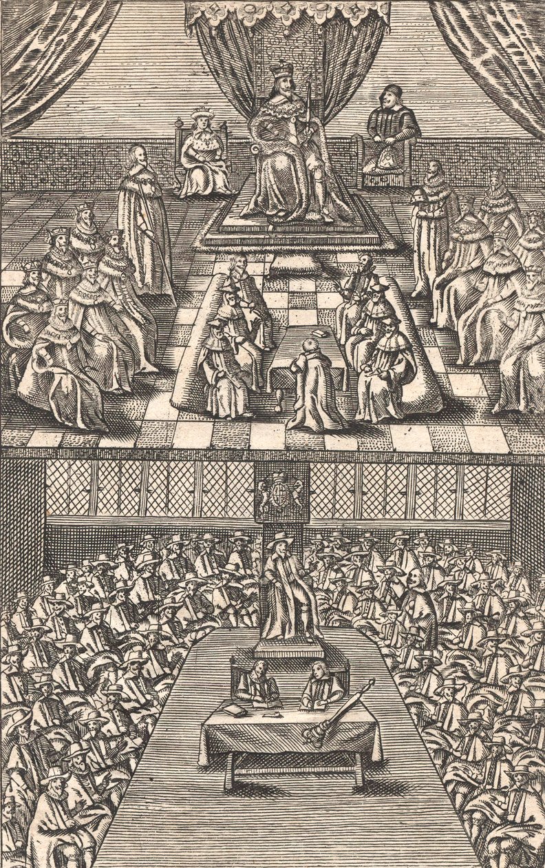 A Câmara dos Lordes e a Câmara dos Comuns sob o reinado do Rei Carlos I, c.1640 (xilogravura colorida) de English School