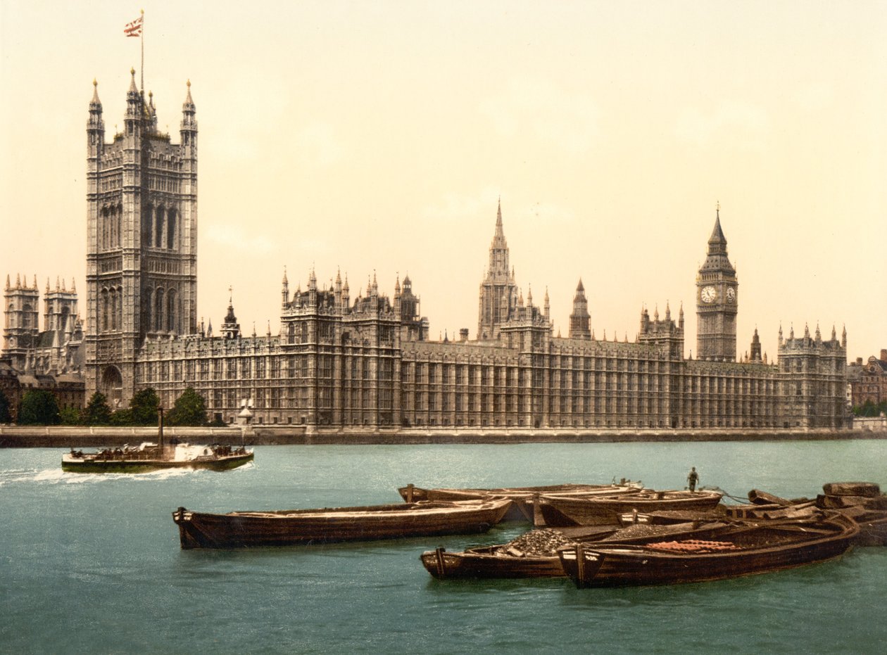 As Casas do Parlamento, Londres (foto colorida à mão) de English School