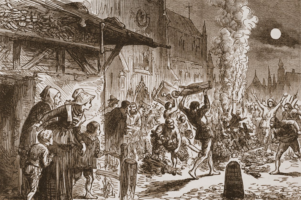 Os Iconoclasts em Basle queimando imagens e ídolos, ilustração da História do Protestantismo por James Aitken Wylie (1808-1890), pub. 1878 de English School