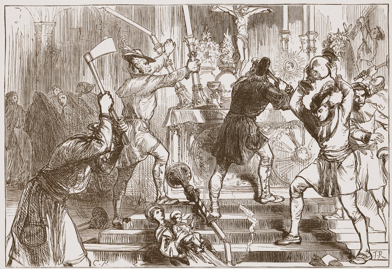 Os Iconoclastas destruindo as imagens e decorações de altar de uma Igreja Católica Romana, ilustração de 