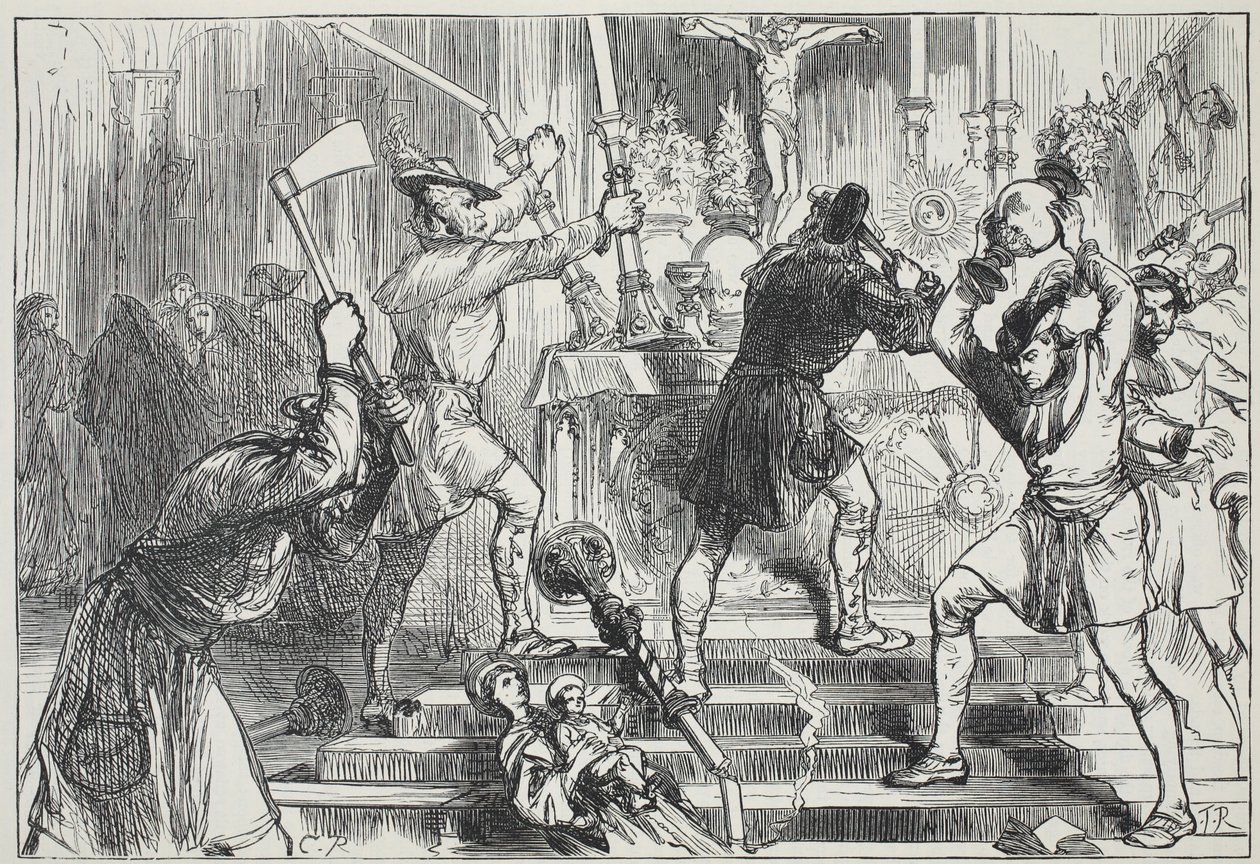 Os iconoclastas que destroem as imagens e as decorações do altar de uma igreja católica romana, ilustração da história do protestantismo por James Aitken Wylie (1808-1890), bar. 1878 de English School