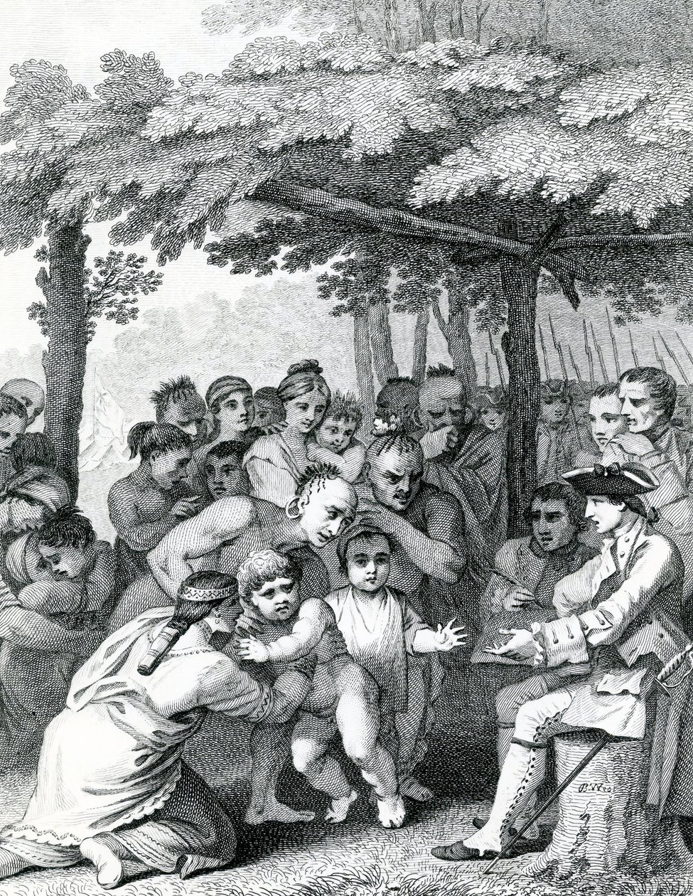 Os índios entregam os prisioneiros ingleses ao coronel Bouquet perto de seu acampamento nas garras de Muskingham, em North Anerica, gravados por Canot, 1764 de English School