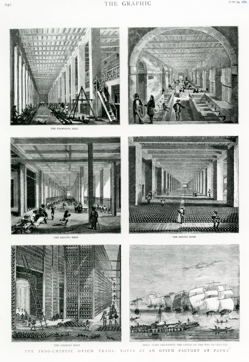 O comércio de ópio indo-chinês: notas em uma fábrica de ópio em Patna, tirada de The Graphic, 1882 de English School