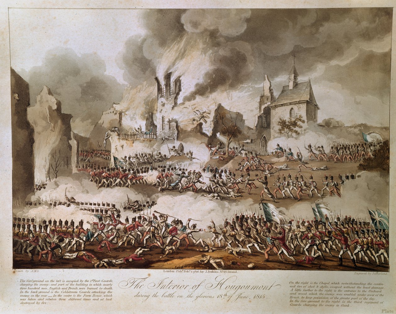 O Interior de Hougoumont durante a Batalha no Glorioso 18 de junho de 1815, gravado por T. Sutherland, publicado em 1816 (aquatint) de English School