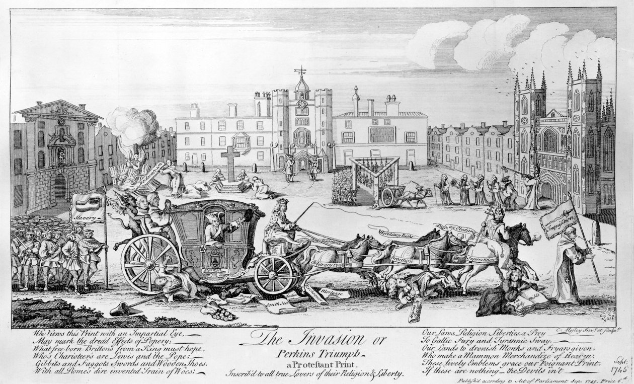 The Invasion ou Perkins Triumph - uma gravura protestante, inscrevam-se a todos os verdadeiros amantes de sua religião e liberdade, 1745 de English School