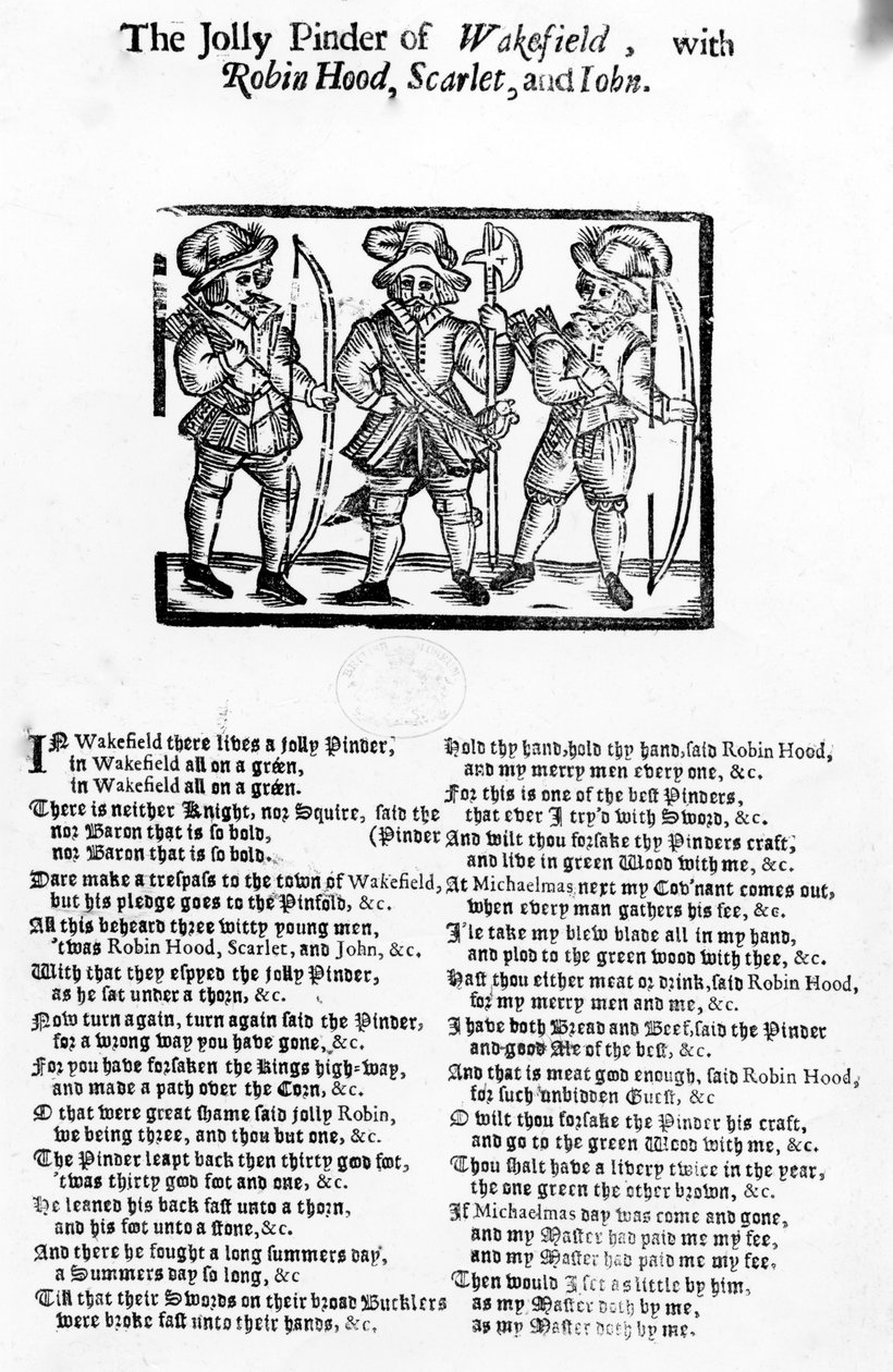 O alegre Pindar de Wakefield com Robin Hood, Scarlet e John, publicado por W. Thackeray, J. Millet, A. Mulbourn, 1689-1692 de English School