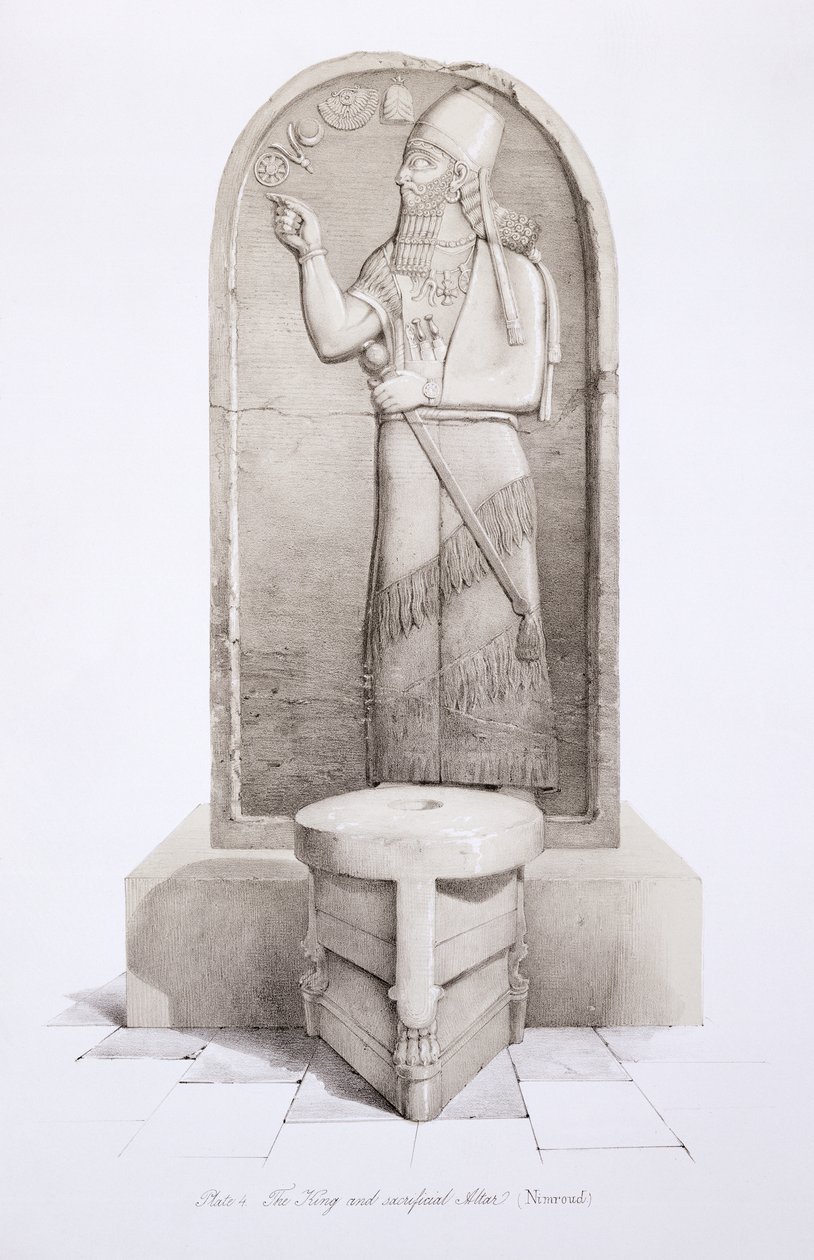 O rei e altar sacrificial, Nimrud, placa 4 de Nínive e seus restos mortais por Austen Henry Layard (1817-1894) publicaram 1849 de English School
