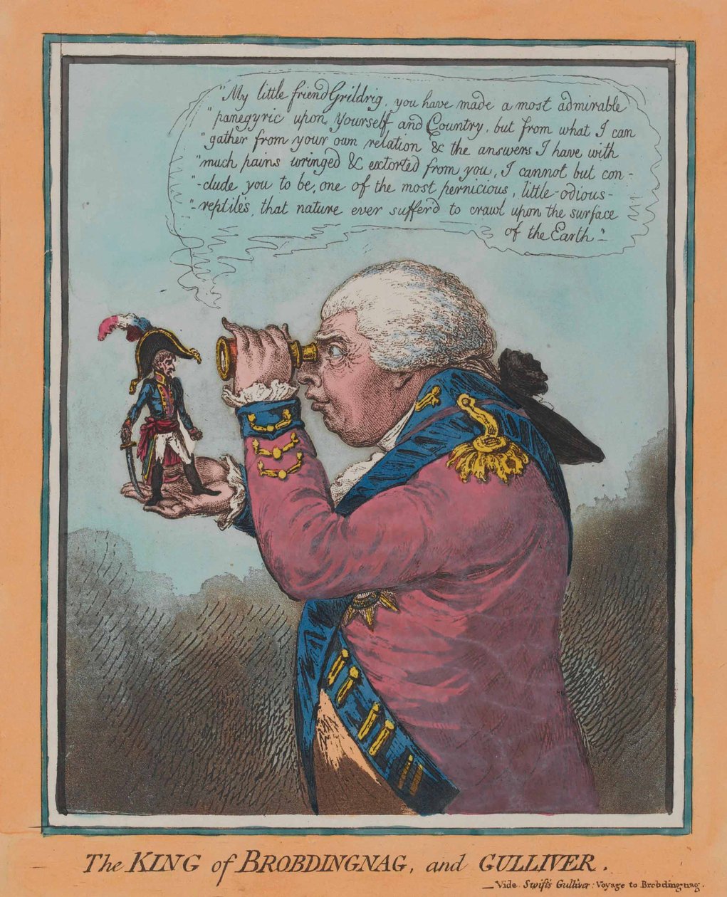 O Rei de Brobdingnag, e Gulliver (aquatint, de cor) de English School