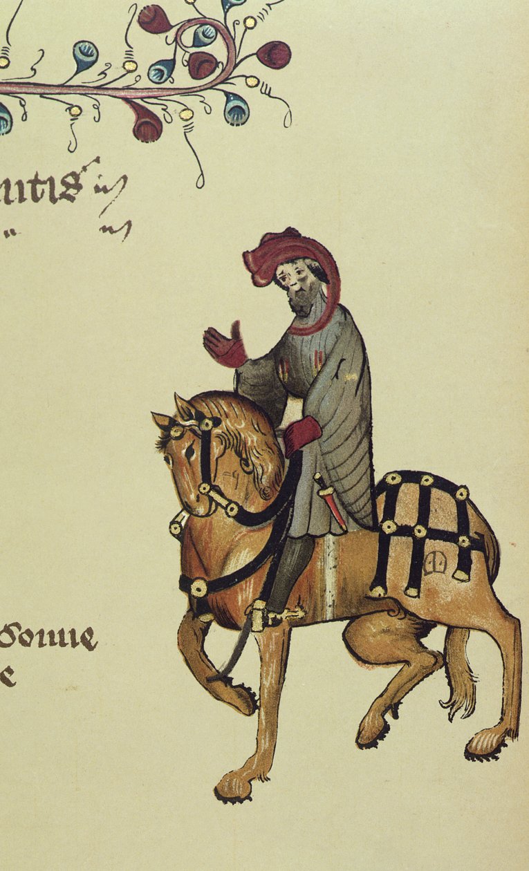 O cavaleiro, fac-símile detalhe de The Canterbury Tales, por Geoffrey Chaucer (c.1342-1400) de English School