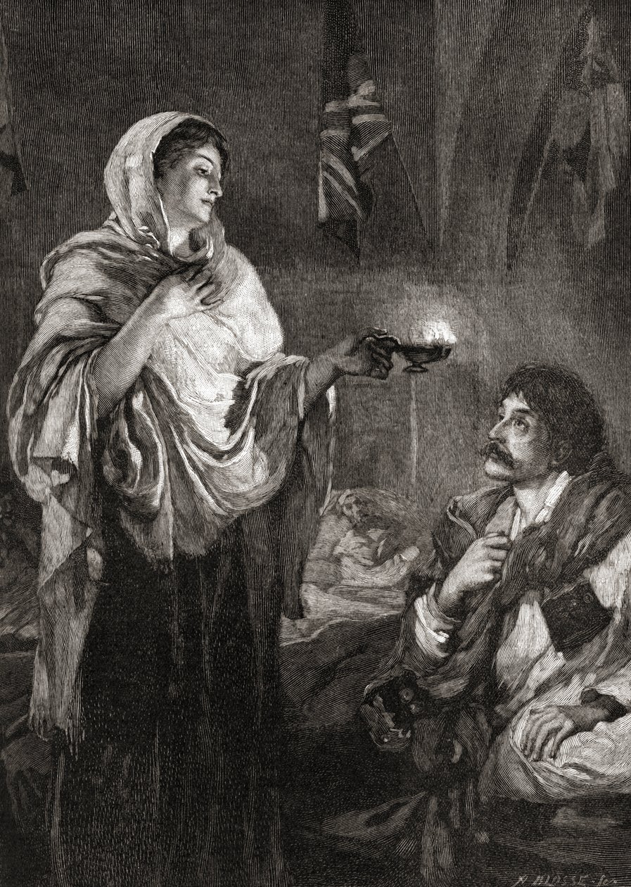 A Senhora com a Lâmpada: Florence Nightingale no hospital da Caserna Scutari, Turquia, durante a Guerra da Crimeia. de English School