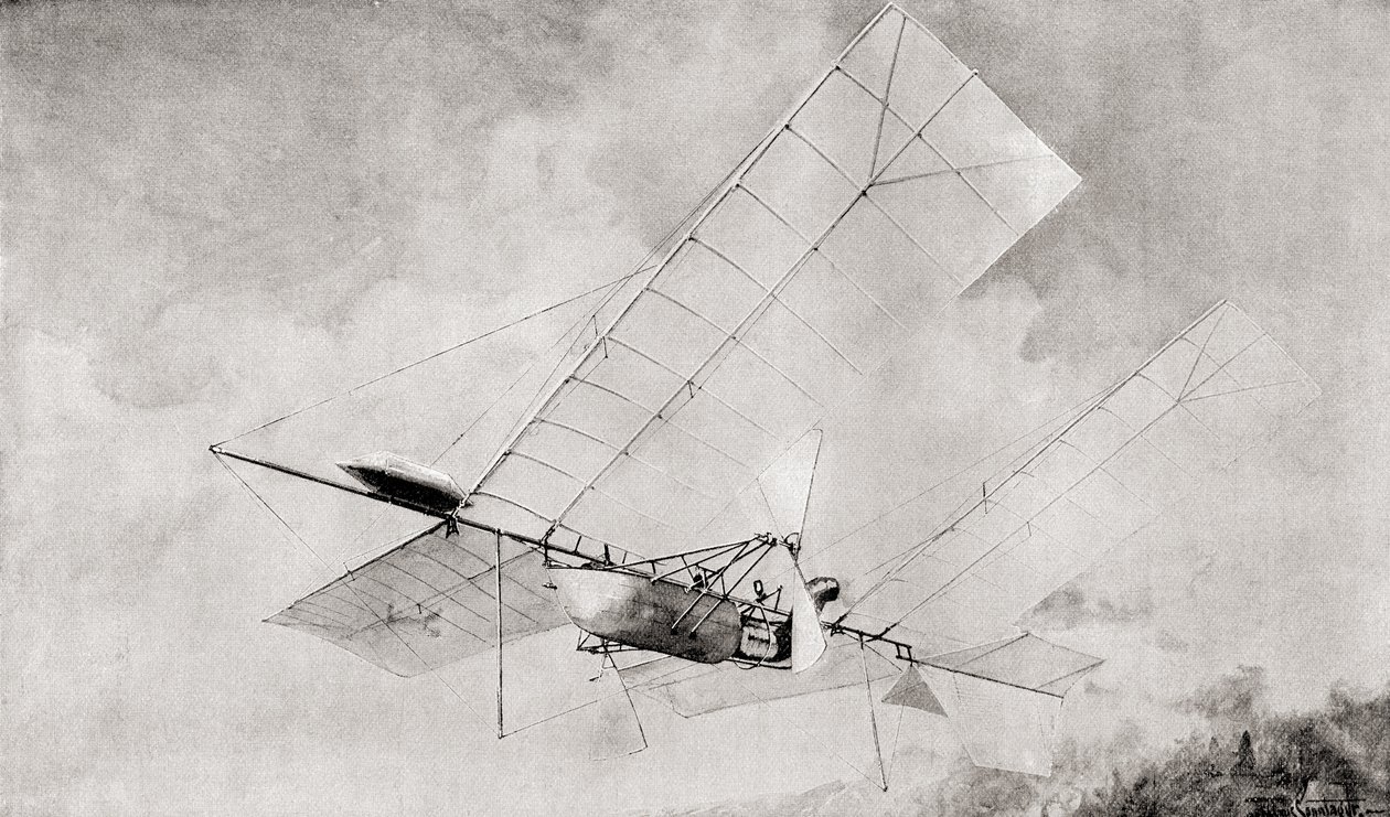 A máquina voadora do aeródromo de Langley em voo no século XIX. Da revista The Strand Magazine publicada em 1897. de English School